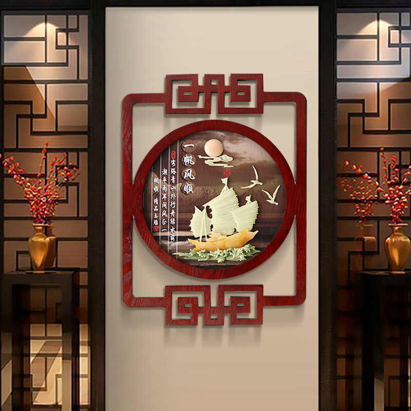 客厅装饰画3d立体浮雕画玉石玉雕挂画沙发背景墙仿古三联画 一帆风顺