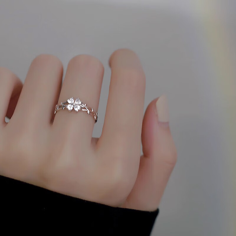 苏十六999银四叶草戒指女时尚个性可调节食指戒指环生日礼物送女友老婆 四叶草戒指