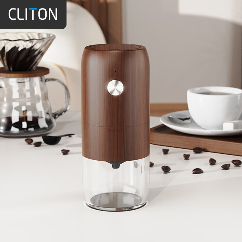 CLITON电动咖啡磨豆机 手摇咖啡豆研磨机便携手冲手磨咖啡机自动磨粉机 复古木纹