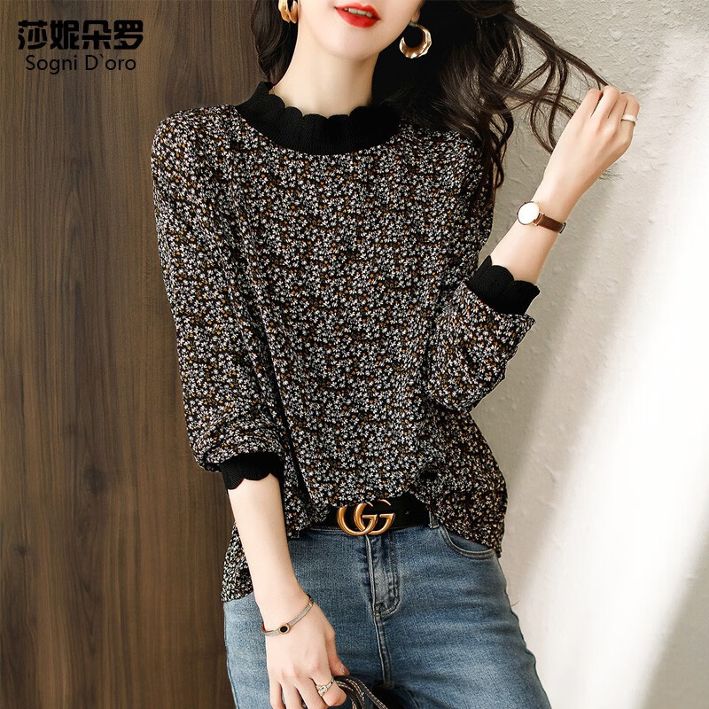 秋胖女人遮肚子碎花长袖胖mmt恤女上衣18416 黑色 l建议120-140斤穿着