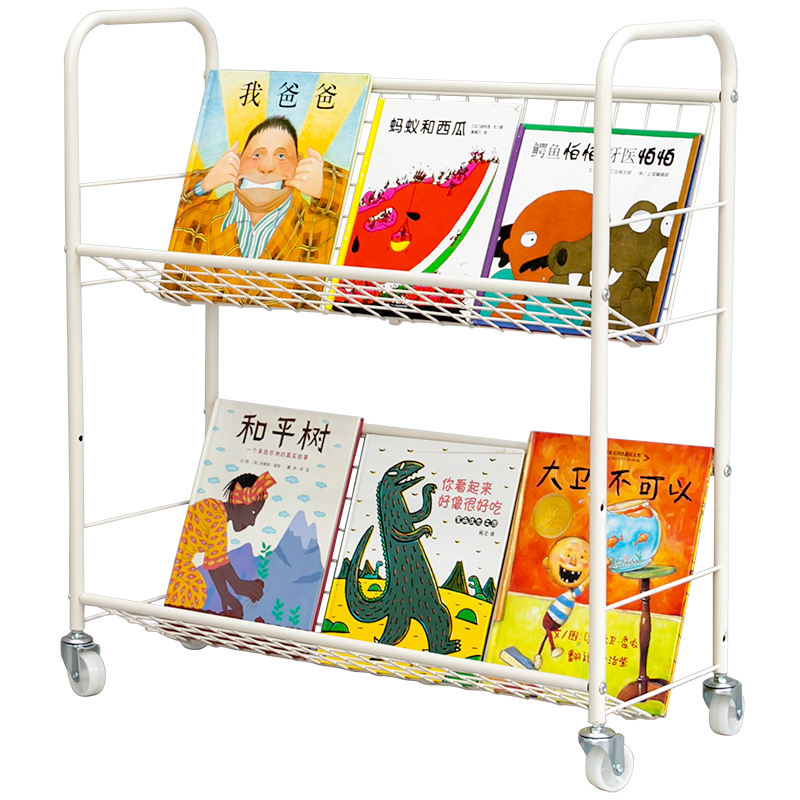 SKAAN 儿童书架落地简易宝宝绘本架客厅带轮可移动书架子学生书本收纳架组合床头飘窗小型铁艺矮书柜 白色 2层金属书架