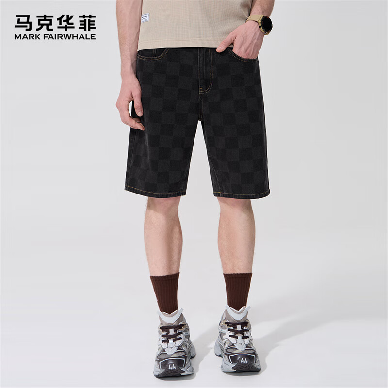 马克华菲【棋盘格】短裤男夏季宽松透气男士休闲牛仔五分裤 黑色 56/XXL 