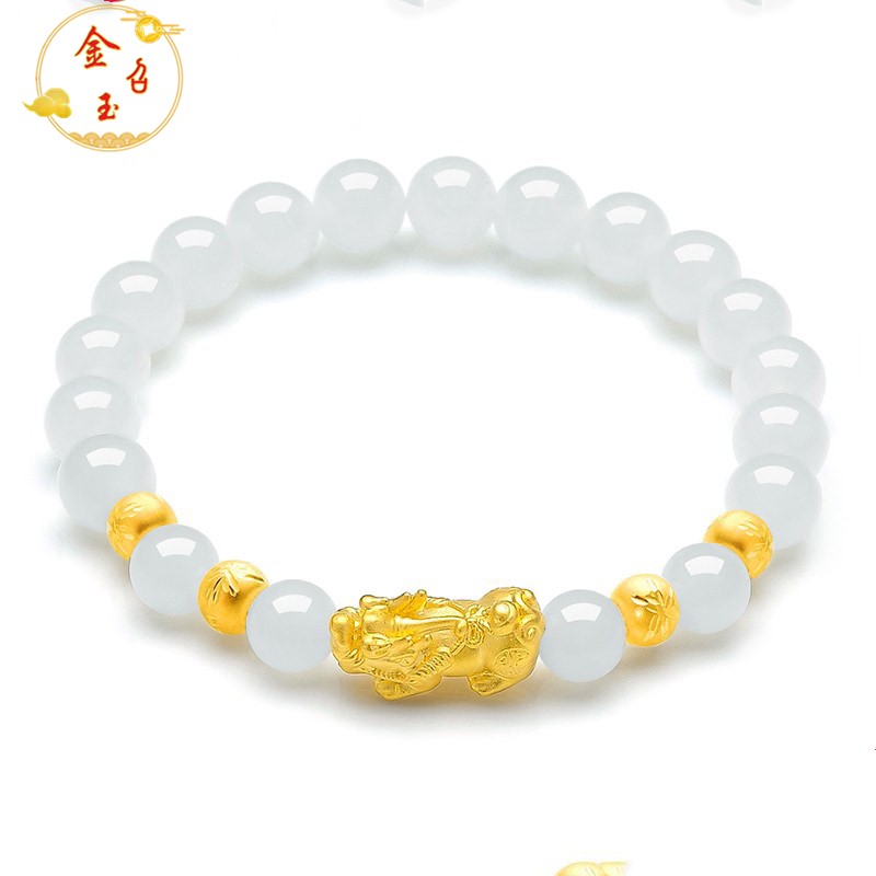 金召玉和田玉黄金貔貅手链 男女款足金和田白玉圆珠手串白玉串珠