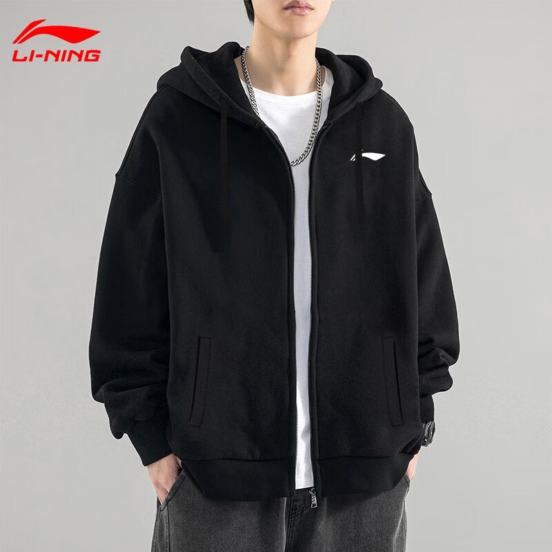 李宁（LI-NING）外套男春秋新款宽松休闲青少年潮流时尚百搭运动开衫上衣男装卫衣 黑色-连帽【春秋款 透气舒适】 2XL /185 (170-185斤)