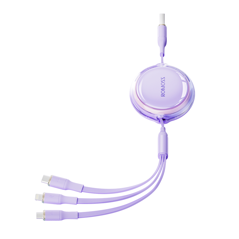 罗马仕（ROMOSS）充电线三合一数据线一拖三快充适用于苹果华为iPhone安卓Typec手机车载充电线伸缩多功能紫色1.1米
