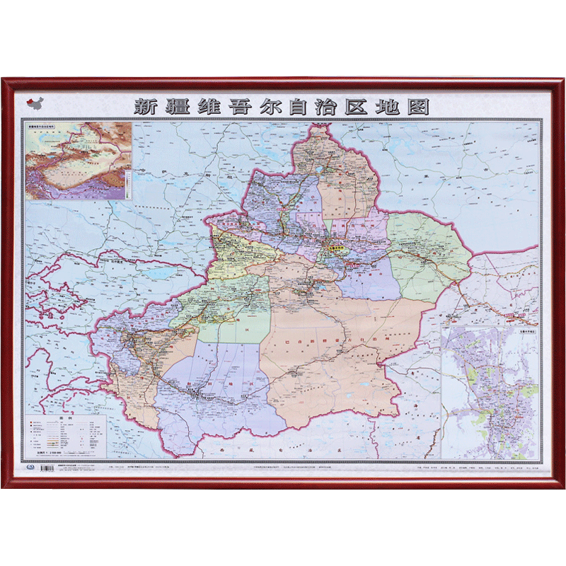 【定制边框】2023年 新疆地图 木框装裱 政区交通地形 约1.1米*0.8米 红棕色边框