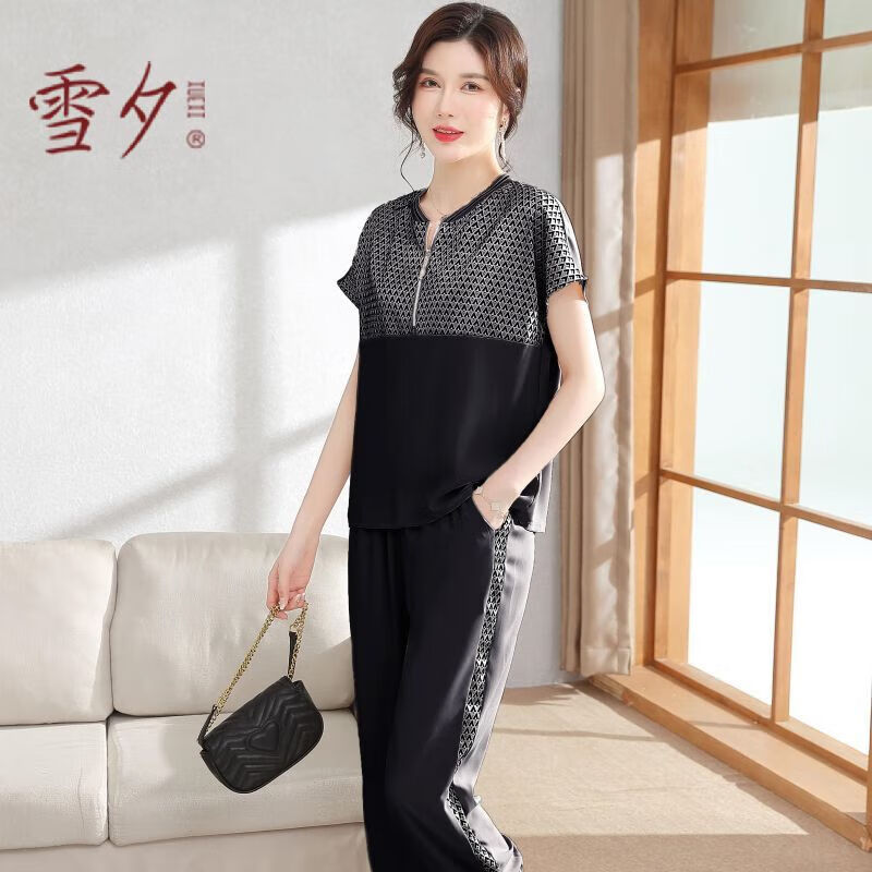 雪夕（XUEXI）媽媽裝2025夏裝休閑運(yùn)動(dòng)套裝短袖時(shí)尚婦女中老年女裝衣服