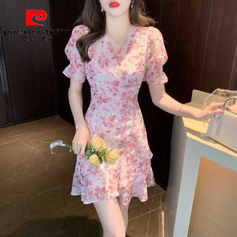 皮爾卡丹2025年夏季新款泡泡袖V領(lǐng)小個子碎花雪紡短裙修身魚尾粉色連衣裙 短款 XL