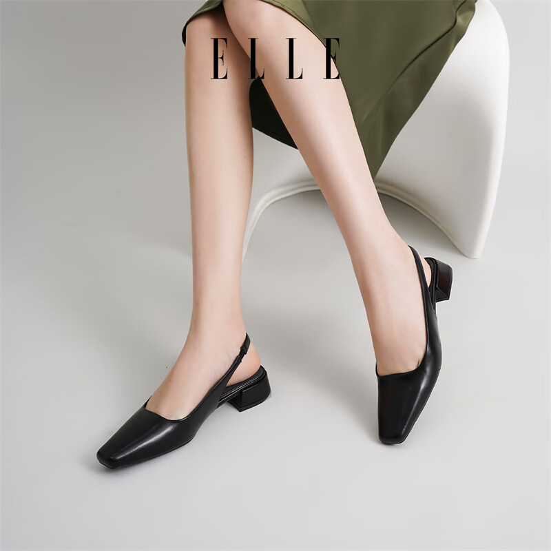 ELLE官方女鞋新款包头凉鞋女法式方头单鞋通勤低跟鞋子 黑色 3cm 38 (240mm) 标准码