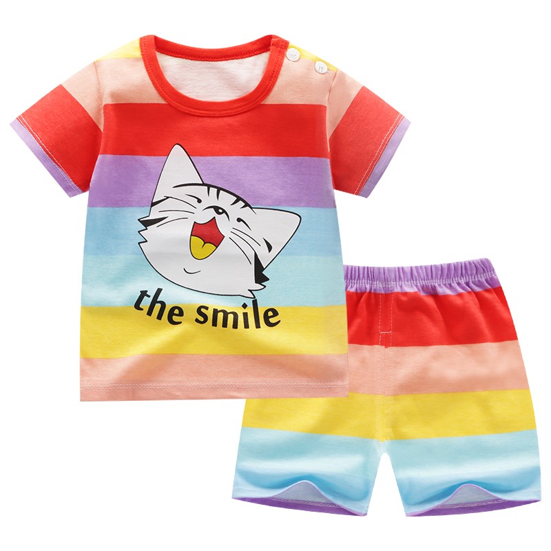 儿童短袖T恤纯棉 男女童夏款套装短袖短裤童装 K001-彩虹猫 100cm