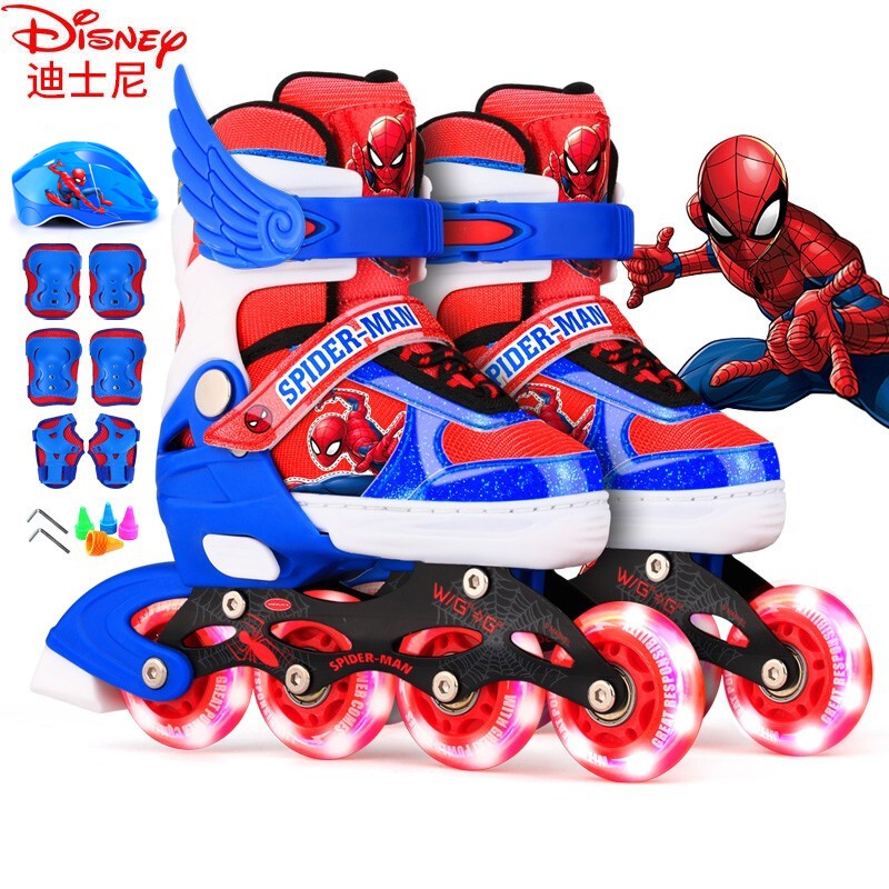 迪士尼（Disney）溜冰鞋儿童轮滑鞋套装男女可调节旱冰鞋初学滑冰鞋 蜘蛛侠 全闪套装L码