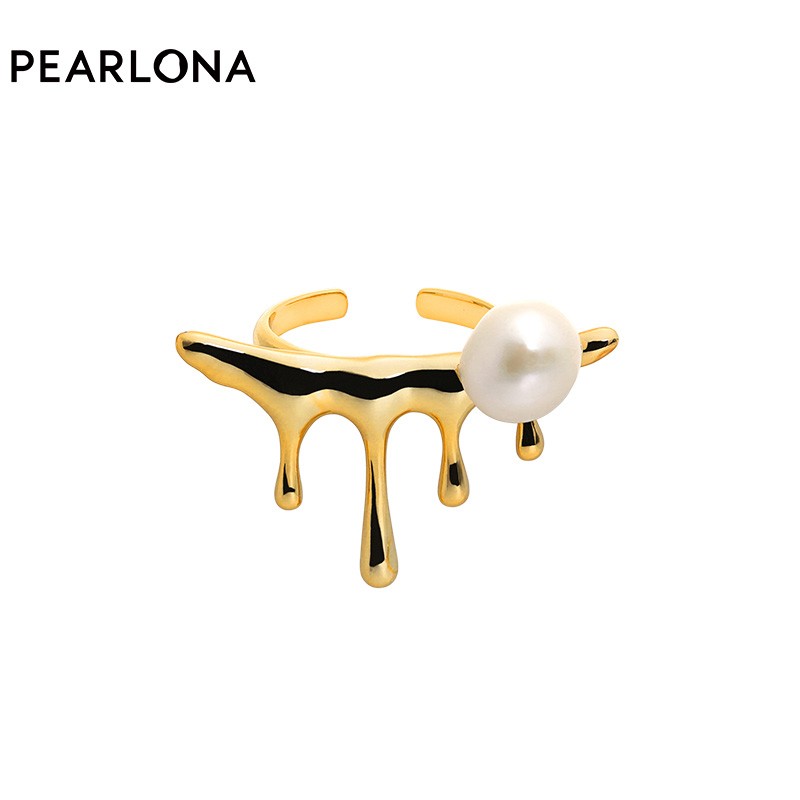 PEARLONA水形物语珍珠开口戒指小众冷淡风女指环潮 金色