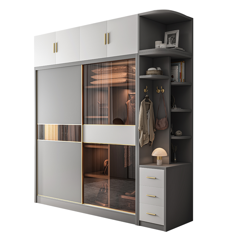 兰尼森 推拉门衣柜 北欧简约现代小户型移门衣柜组合家用两门玻璃门趟门大衣橱 【B款】衣柜(钢化玻璃门) 2.0m衣柜+顶柜+边柜