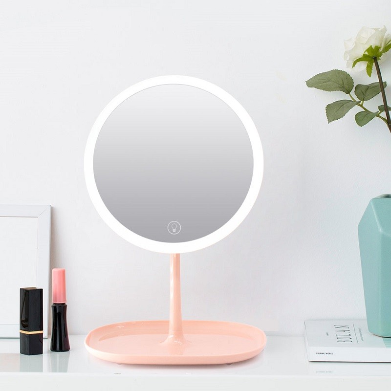 xinbot 美妆镜带LED灯化妆镜梳妆台式镜子高清日光镜 小家电 粉色