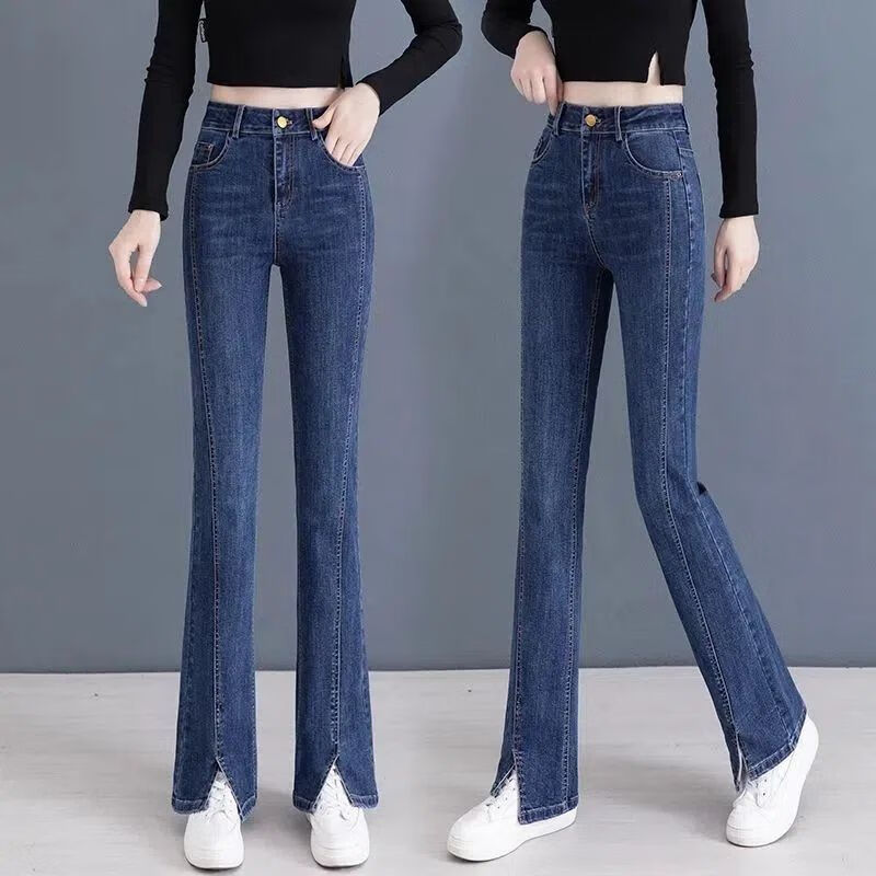 牛仔开叉微喇裤女2022秋季新款直筒高腰显瘦百搭弹力时尚 6161-蓝色