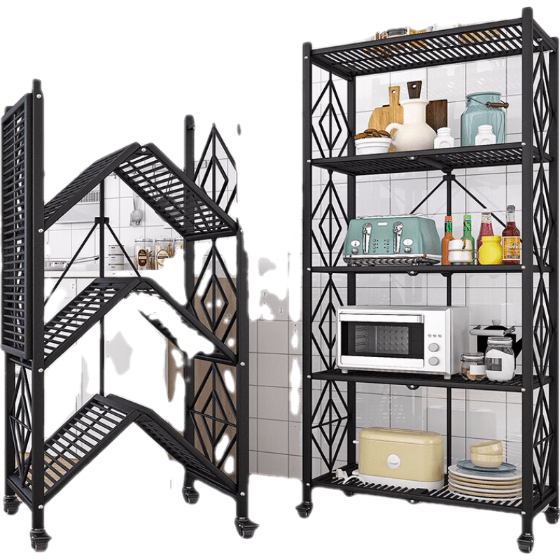 亚思特 免安装折叠移动落地厨房储物架层架家用阳台客厅多层收纳架杂物架微波炉架子 4层免安装折叠款-黑纱纹