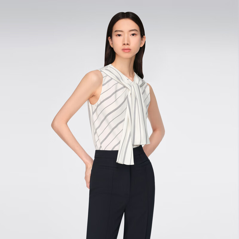 OVV【重磅真丝】2024春夏新款女装22MM素绉缎飘带无袖衬衫 藏青 S