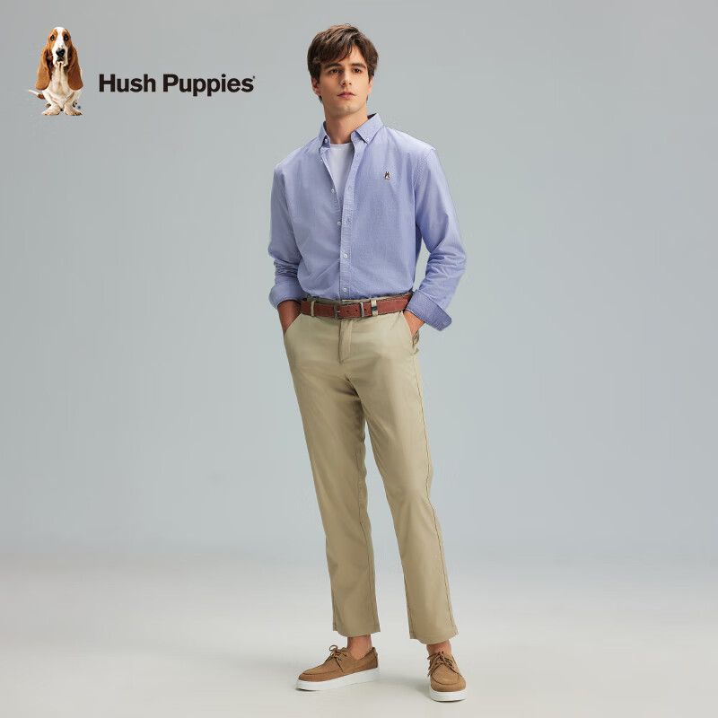 暇步士(Hush Puppies)男装秋纯色刺绣休闲长袖衬衫 025浅蓝2 XL