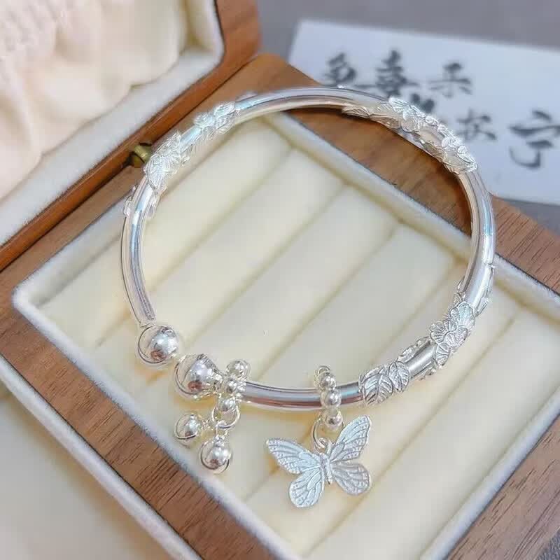 瑞诺繁花银手镯女蝴蝶铃铛999足银镯子实心开口生日礼物送女友老婆 繁花蝴蝶双铃铛手镯怎么样,好用不?