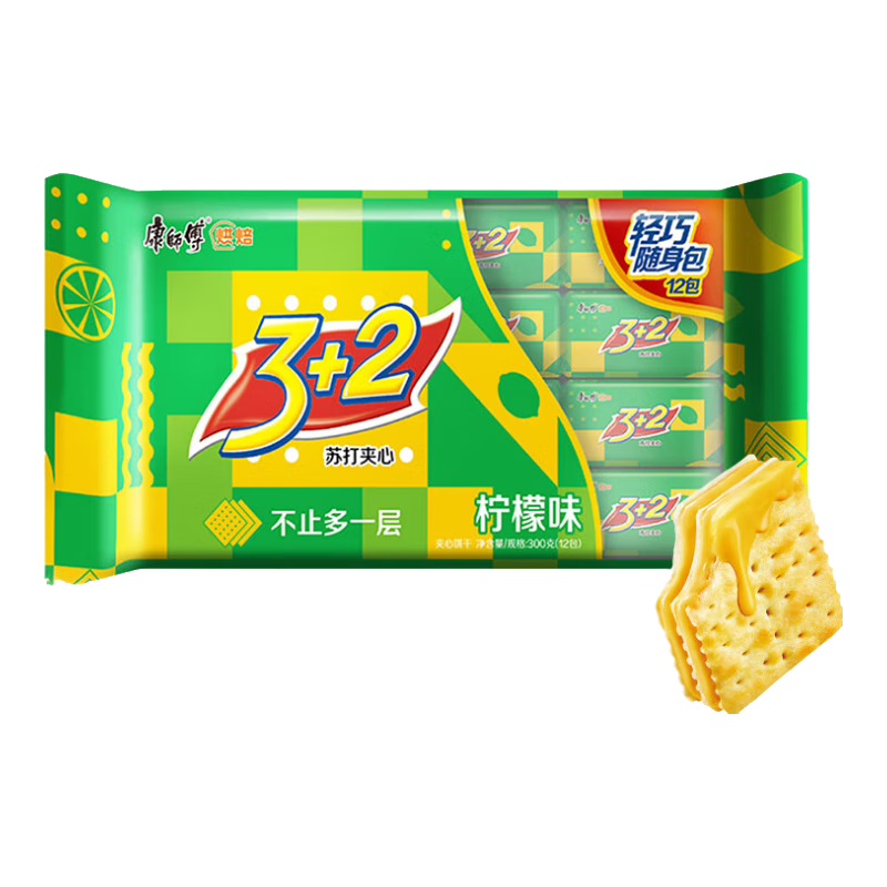 康师傅 3+2苏打夹心饼干 柠檬味300g 休闲零食 早餐下午茶