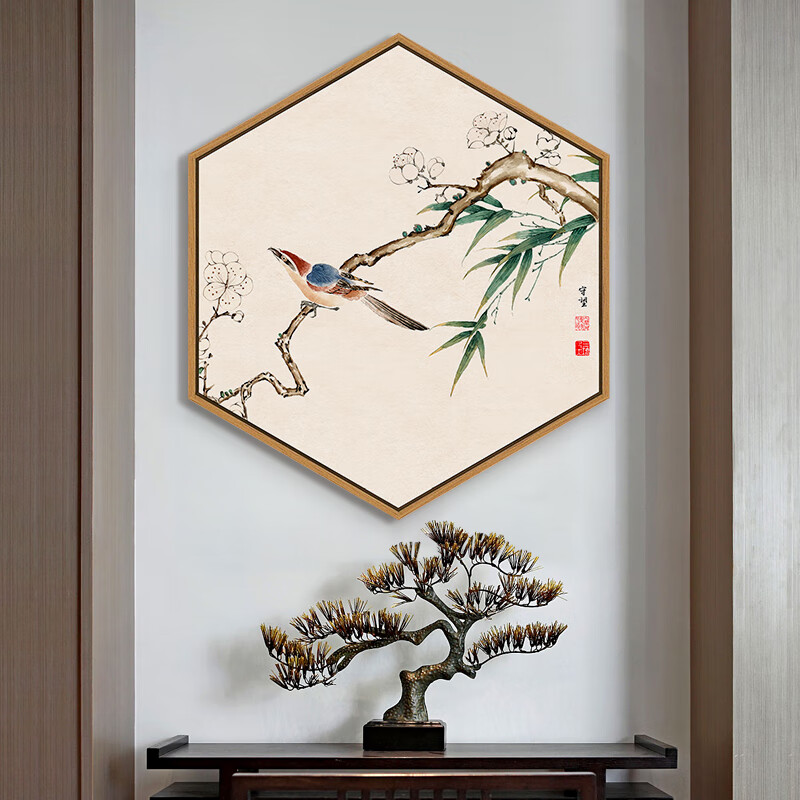 中式装饰画沙发背景墙花鸟餐厅客厅墙面挂画茶室书房六边形 浮世清欢