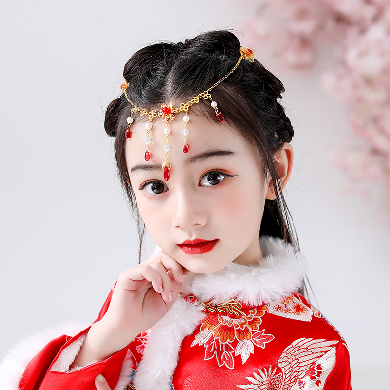 儿童汉服额饰古风流苏发链古装拍照头饰红色眉心坠女童异域风头链 昭