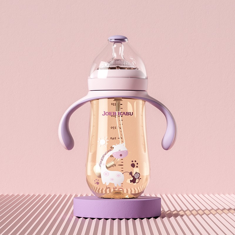 小袋鼠巴布（JOER BABU）婴儿奶瓶PPSU断奶奶瓶宽口径耐摔宝宝吸管奶瓶带手柄 330ml粉