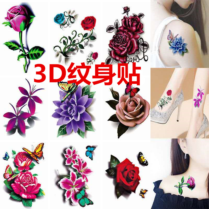3d纹身贴纸性感手臂胸部玫瑰防水手机贴花
