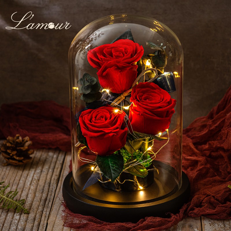 L'amour 永生花玻璃罩礼盒 玫瑰花鲜花速递同城送花520礼物送女友生日礼物女生送妈妈老婆朋友