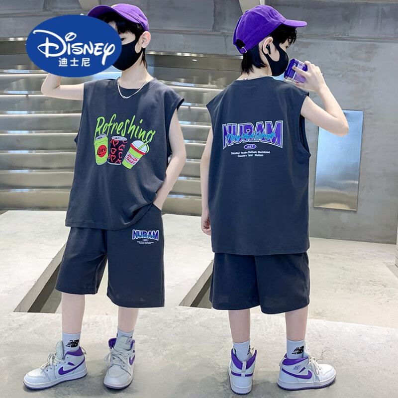 迪士尼（Disney）儿童篮球服套装男童纯棉无袖球衣青少年中大童夏季训练服运动背心 灰色 120