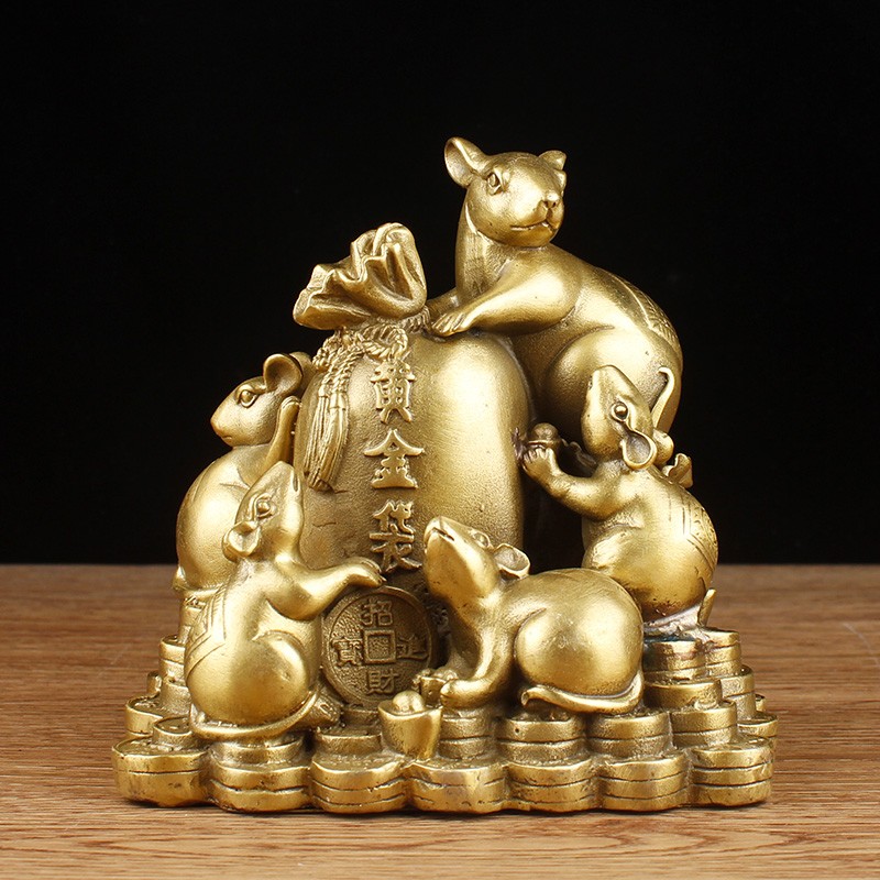 普澜家居 铜老鼠摆件大号黄铜十二生肖鼠工艺品黄金袋鼠五鼠运财家居客厅摆设 小号高13cm