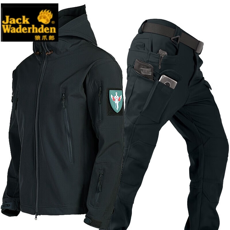 狼爪郎户外鲨鱼皮冲锋衣套装男秋冬抓绒加厚软壳登山服防风防水骑行