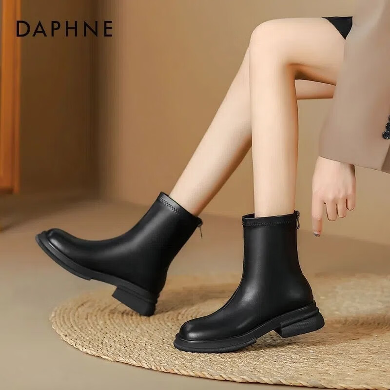达芙妮（DAPHNE）马丁靴女秋2022年切尔西靴短靴女鞋英伦风粗跟瘦瘦靴子女 绚丽黑 37