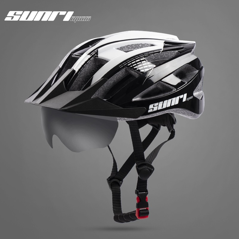 sunrimoon 山地自行车头盔男女一体式骑行头盔可拆卸磁吸风镜公路车电动车装备配件 黑底白+灯