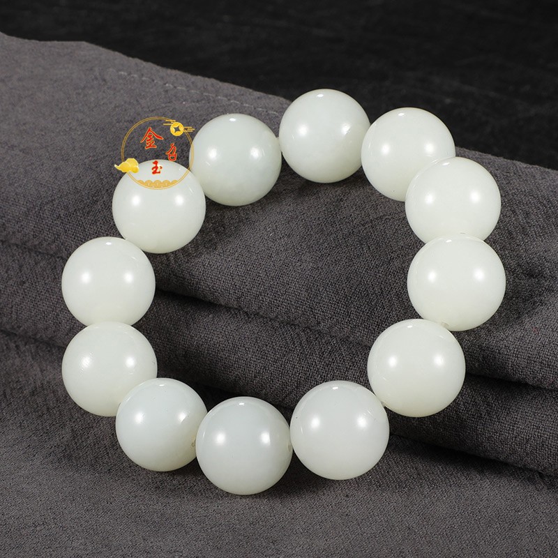 金召玉和田玉羊脂白玉18mm圆珠手链路路通珠子手串男款串珠手玩送礼