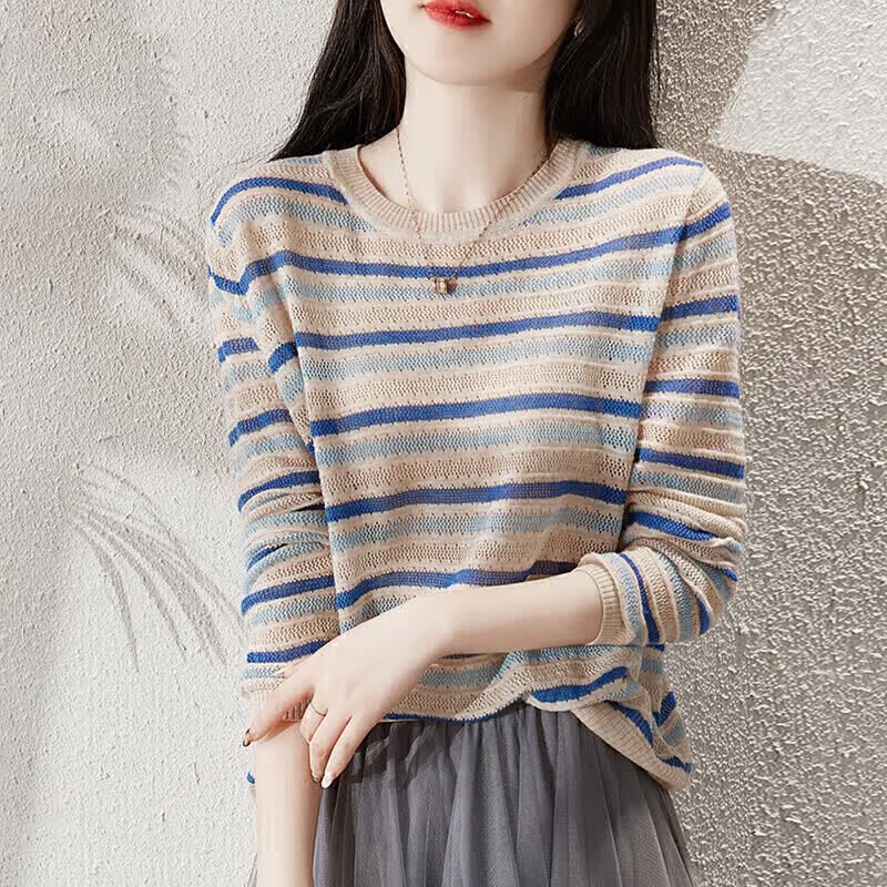 俞兆林女装 针织衫女薄款打底衫休闲透气衫圆领条纹上衣 Y132Z3316 蓝色属于什么档次？