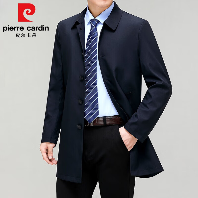 皮尔卡丹风衣男士中长款桑蚕丝春秋季休闲中年爸爸装茄克外套商务行政大衣 深蓝色(306) L/175