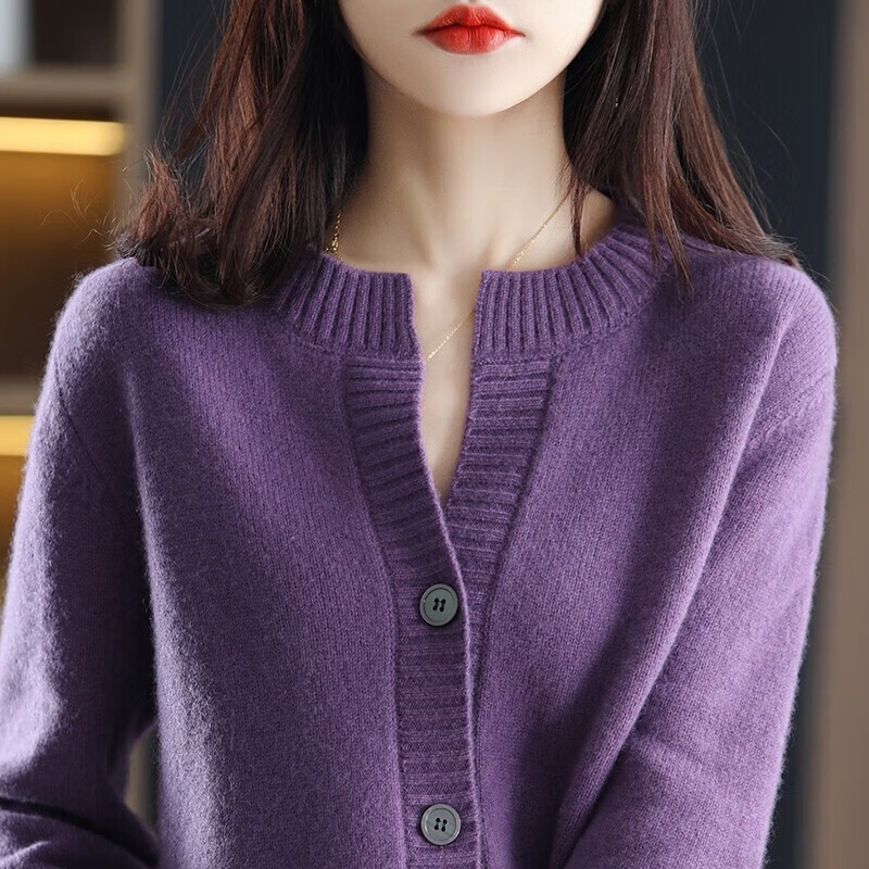 XEHCI针织开衫毛衣女外套甜美风外搭V领新款洋气甜美风宽松慵懒 3666洋紫色 #M(建议85-105斤)
