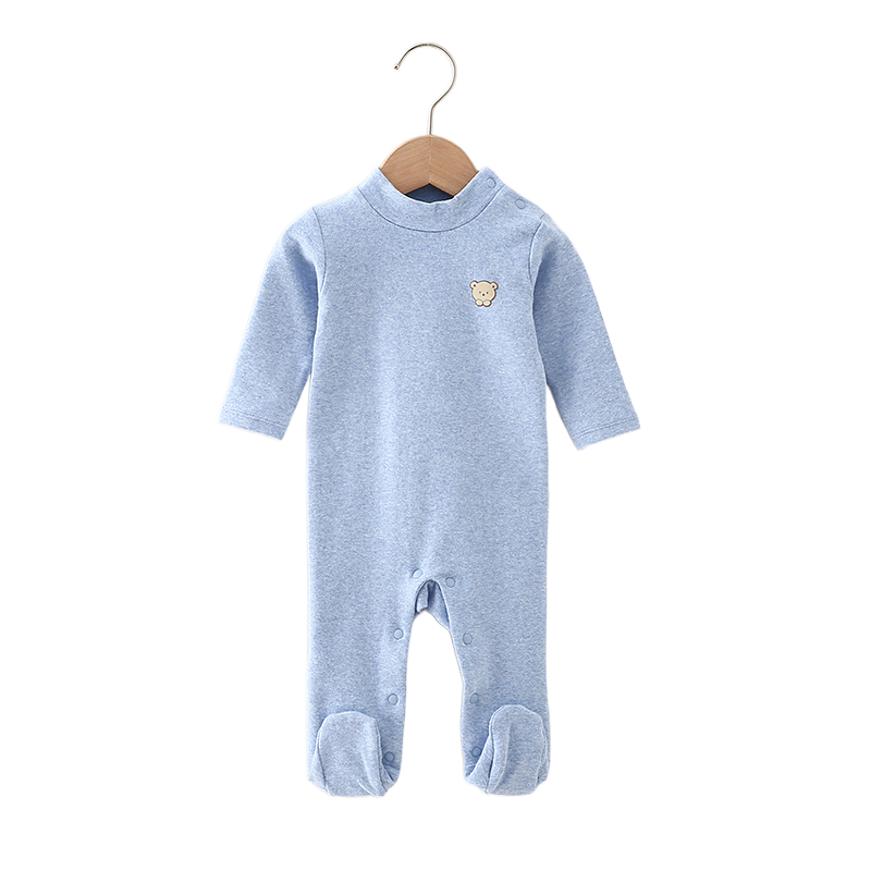 花花寶貝 寶寶春秋半高領包腳連體衣嬰兒彈力保暖加厚哈衣防踢被冬護肚睡衣 麻藍色(包腳) 66cm