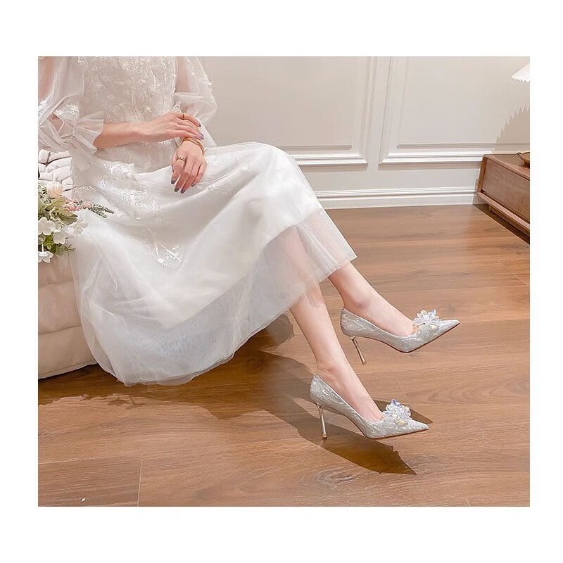 酷奇灰姑娘婚纱水晶鞋女新款尖头细跟新娘高跟婚鞋 银色-1（8CM） 34