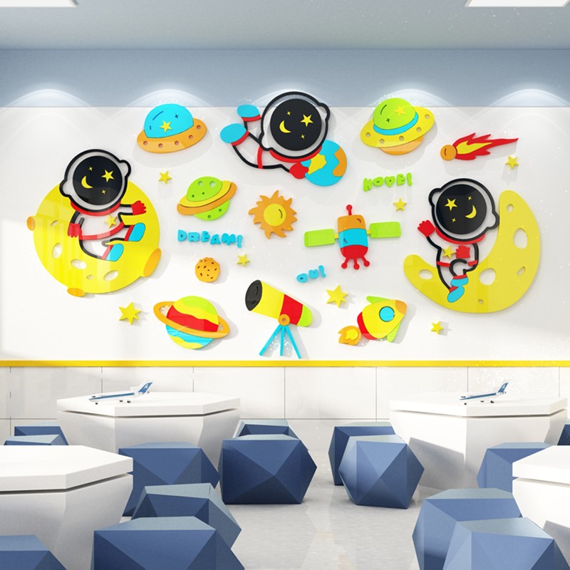 舒厅 遨游太空人火箭宇航员3d立体亚克力墙贴幼儿园教室布置装饰创意