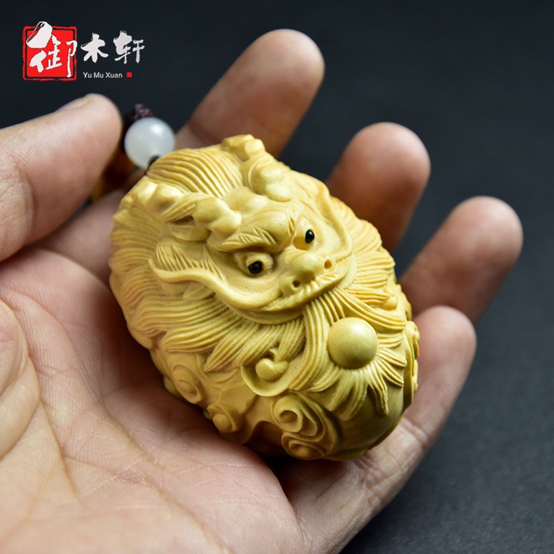 御木轩小叶黄杨木雕生肖龙头手把件汽车挂件雕刻工艺品男士随身把玩件