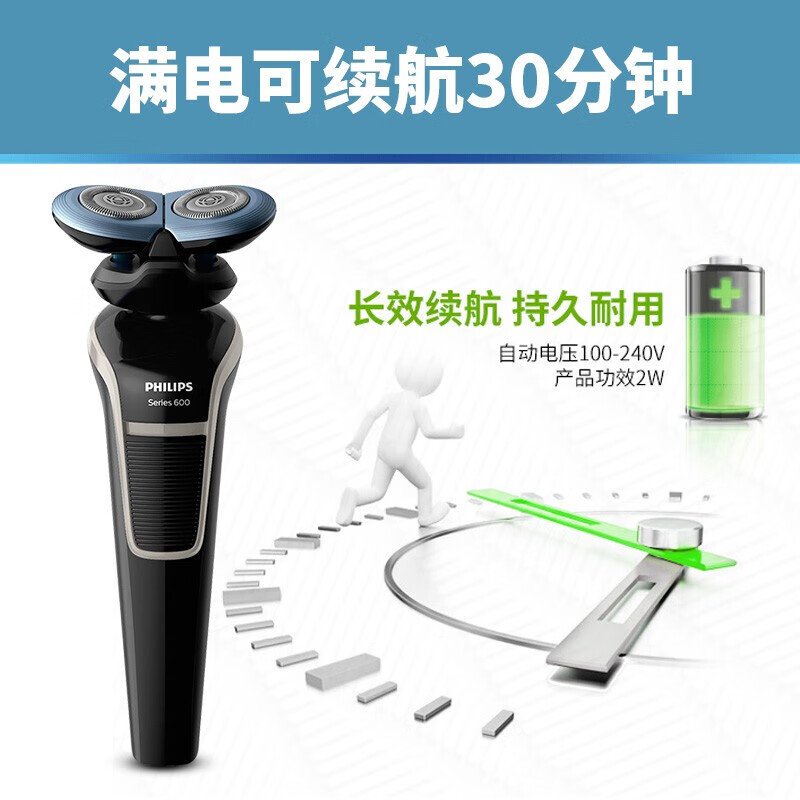 飞利浦（PHILIPS）男士电动剃须刀全身防水净剃胡须刀刮胡刀 进口双刀头电须刀 S629/02-痘痘敏感肌专用