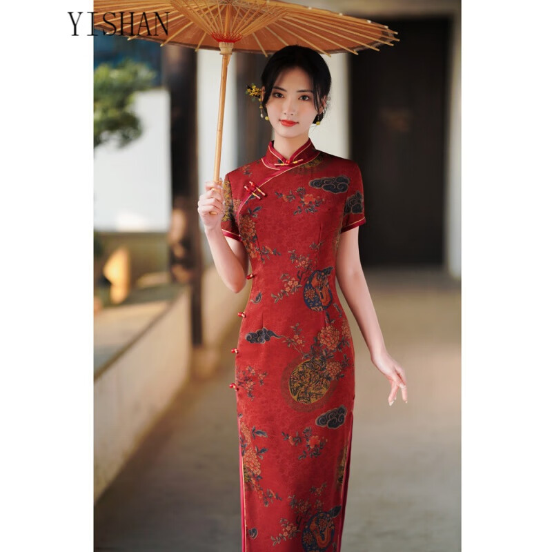 毅珊红色旗袍喜婆婆丝绸旗袍长款 中国风气质走秀旗袍连衣裙 红色 xl