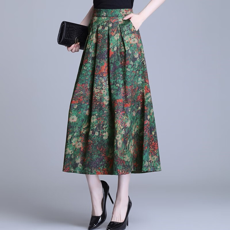 喵畅有口袋新款松紧腰半身裙长裙高腰显瘦大摆裙女夏天穿的的士中长款