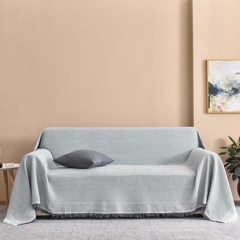 「牛咖」棉线沙发防尘套罩子一体式单双三人组合沙发床两用防滑全盖布 灰白蜂巢 130*180cm（常用于小单人沙发）