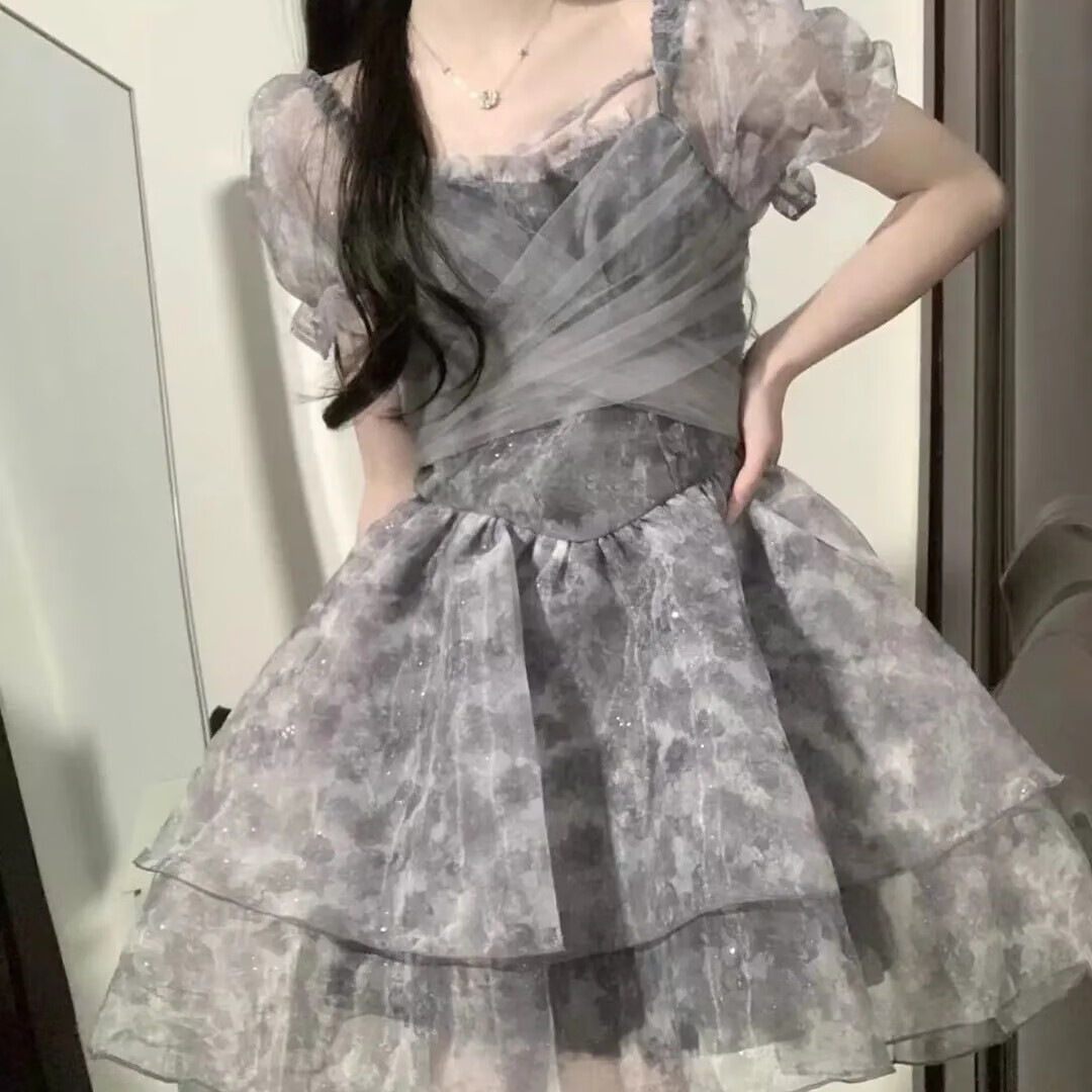 织迷甜美少女玫瑰公主蓬蓬裙细闪印花高腰感连衣裙女夏季新款短裙