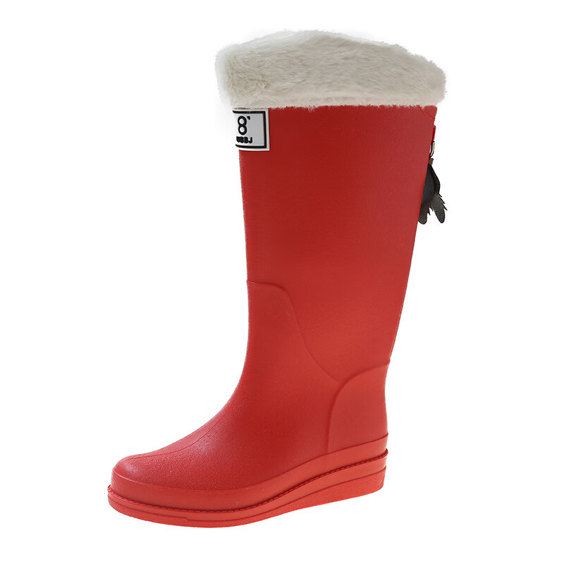 海引力雨靴女成人长筒水鞋外穿雨鞋女高筒春夏时尚女士 红色 36 加棉