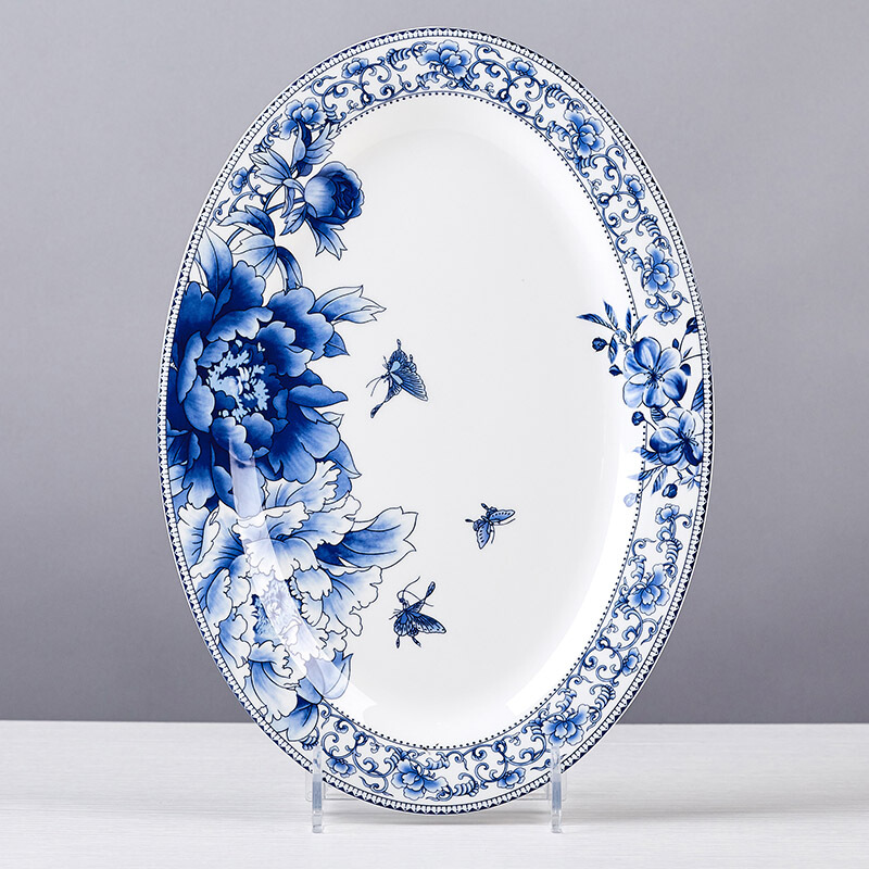 瑾睿茗瓷鱼盘餐盘盘子大号12英寸微波炉适用景德镇陶瓷椭圆形青花瓷