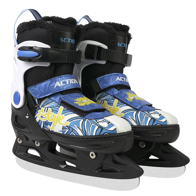 動感（ACTION）冰刀鞋兒童可調(diào)尺碼球刀鞋成人保暖冰球刀男女初學(xué)者學(xué)生滑冰鞋 旋風(fēng)【加毛絨】藍色【鞋+902頭盔】 S 【32-35】碼